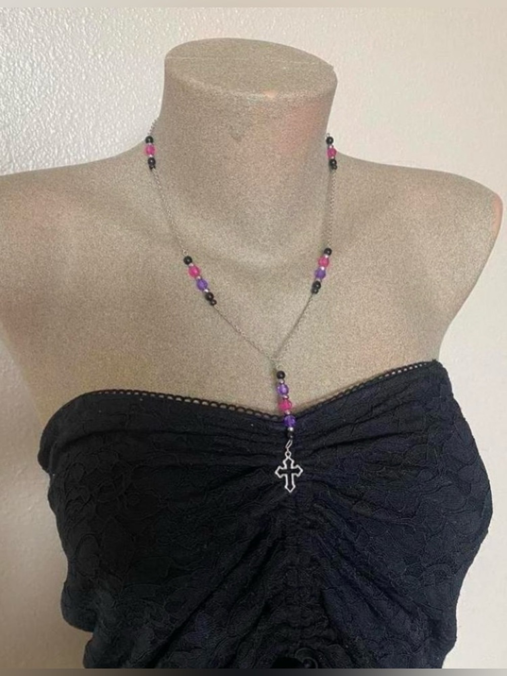 Handmade Rosary Necklace with Pink, Purple, & Black Beads - Mini Length